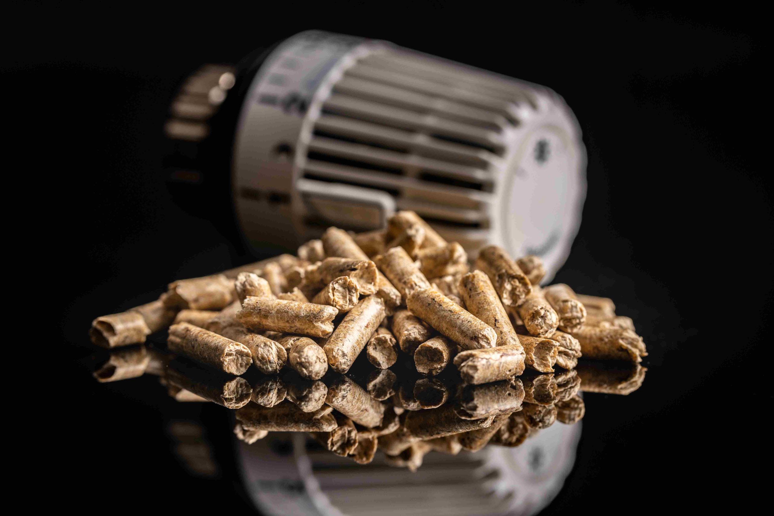 biomass boiler installation with wooden pellets and a radiator knob